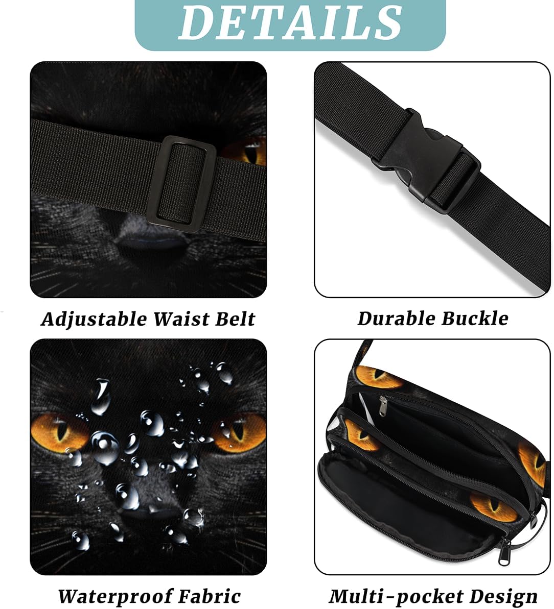 Black Cat Eyes Waist Packs for Women Men, Waterproof Hiking Fanny Packs, Crossbody Waist Bag with Adjustable Strap, Waist Pouch for Travel Running