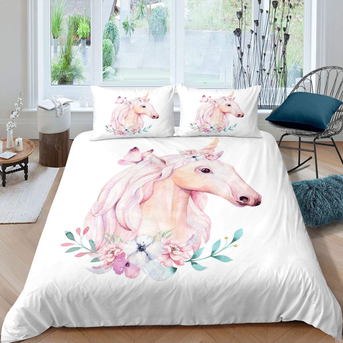 Homemissing Juego de ropa de cama de unicornio, funda de edredón para niños y niñas, diseño de animales mágicos, color rosa