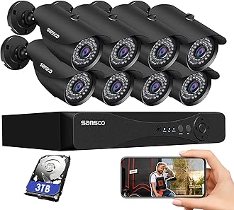 SANSCO 8CH 5MP DVR HD CCTV Camera System + 3TB Hard Drive for 24/7 Recording, 8pcs 5MP Outdoor Bullet Security Cameras (Night Vision, Face/Human Detection, Waterproof, H.265, Email/APP Alert)