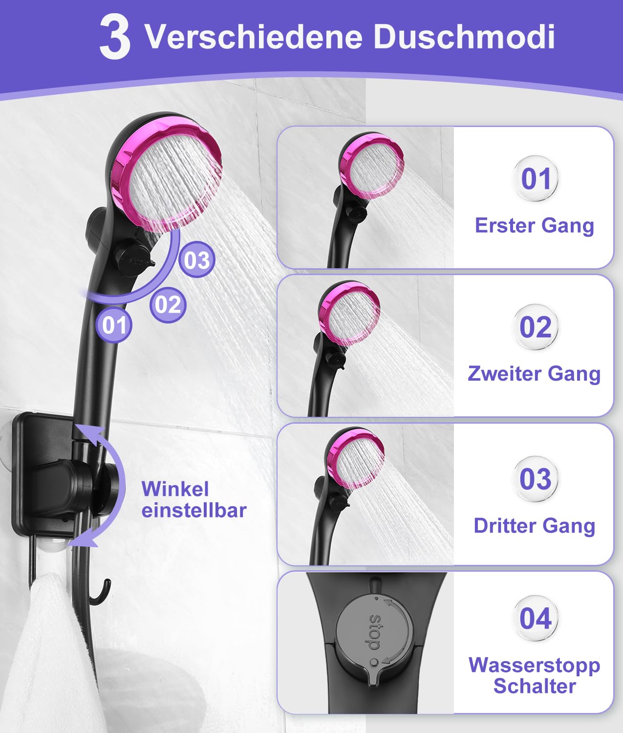 WADEO Tragbare Campingdusche Akku mit Pumpe, Camping Dusche mit wiederaufladbarem 6000-mAh-Akku und doppelter Digitalanzeige, Mobile Duschen mit Duschkopf, für Camping Reisen Garten (Lila, Typ C)