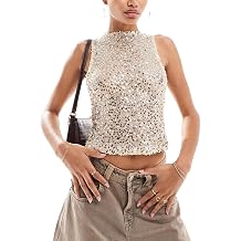 iTranyee Women Sexy Sequin Tank Top Y2k Sparkly Glitter Crew Neck Sleeveless Cami Shirt Shinny Slim Fit Vest for Club
