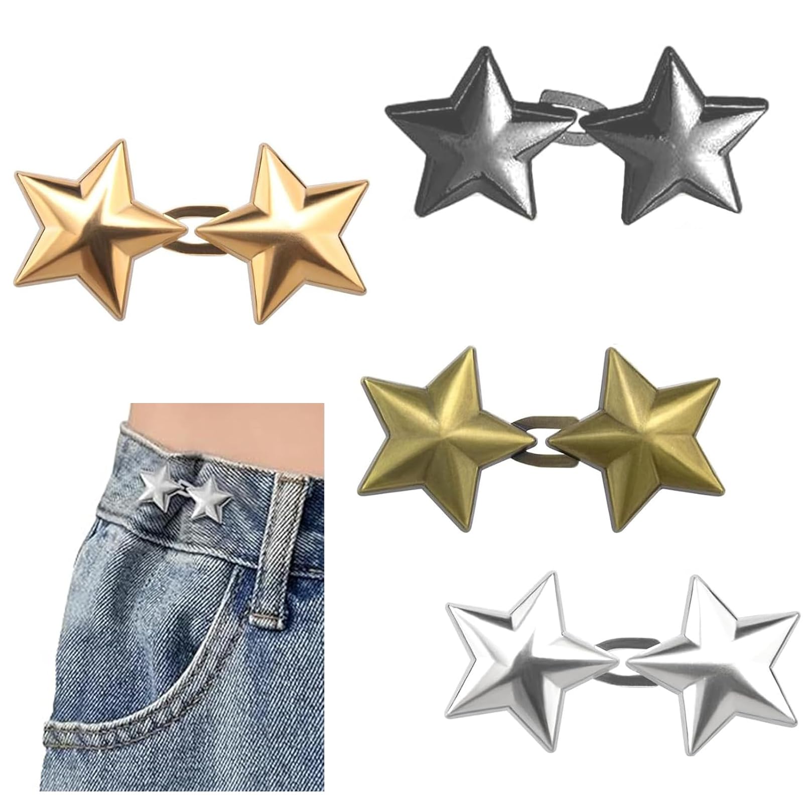4 Pairs Waist Tightener Clips Stars Button, No Sewing Clips Waist Cinch Clip Jeans Tightener Reducer for Loose Trouser, Skirts, Hats, Star Jean Adjuster to Tighten Waist or Stop Gaping for Men Women