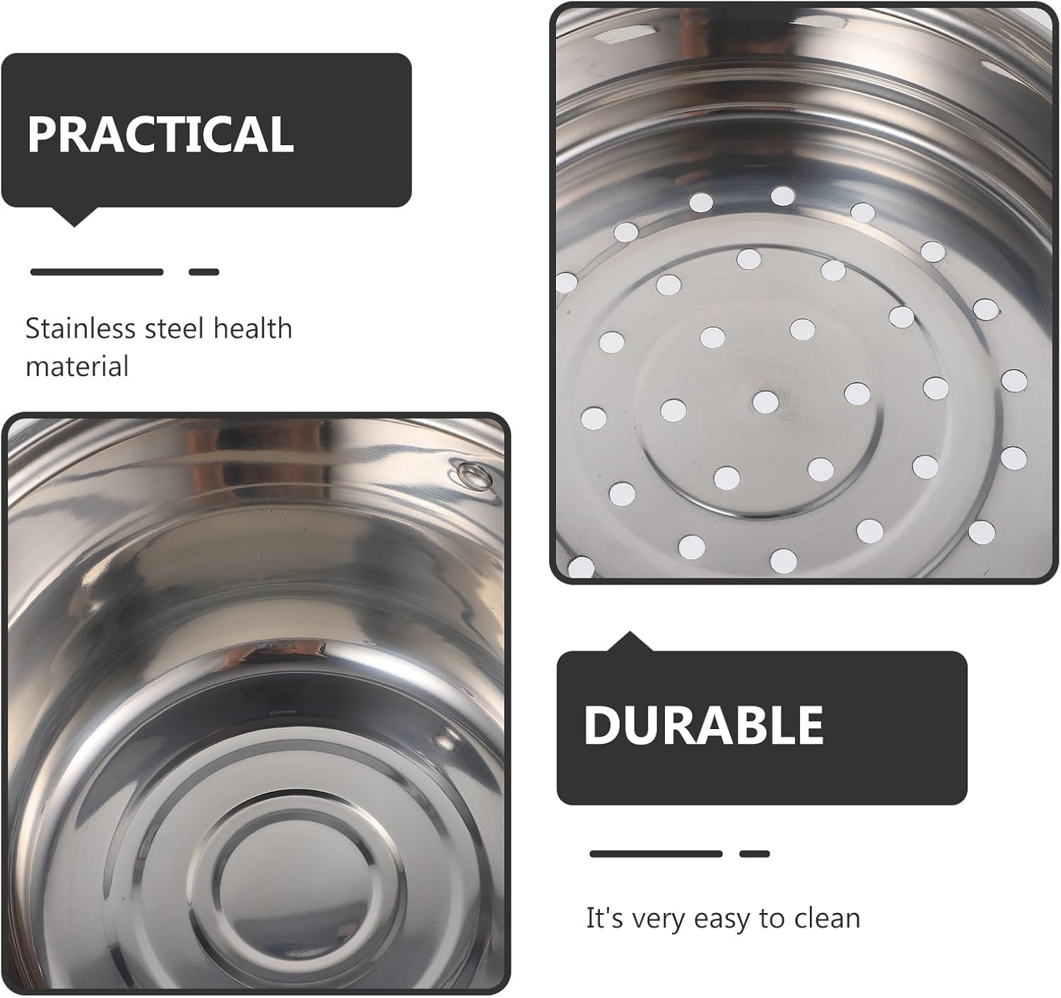Close-up of the stainless steel interior of the steamer, highlighting its material and perforated steamer insert.