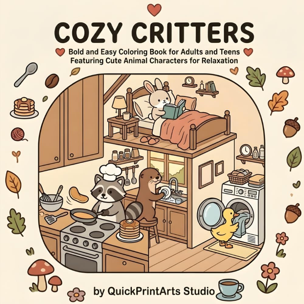 COZY CRITTERS: Bold and Easy Coloring Book for Adults and Teens Featuring Cute Animal Characters for Relaxation
