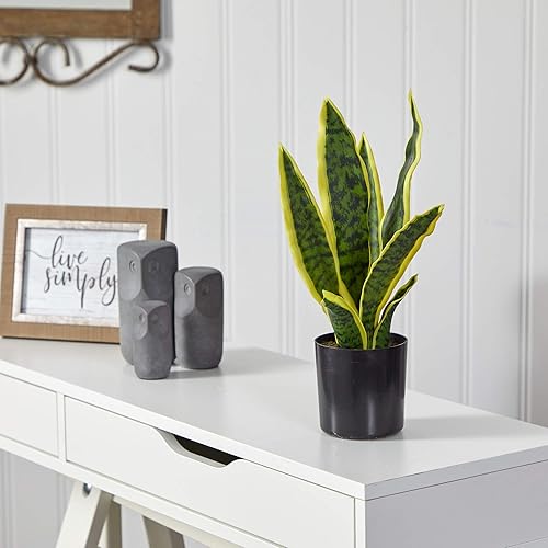 Miniatura 3 de Nearly Natural Sansevieria - Planta artificial de serpiente alta de 14 pulgadas, planta de serpiente sintética amarilla para decoración interior del