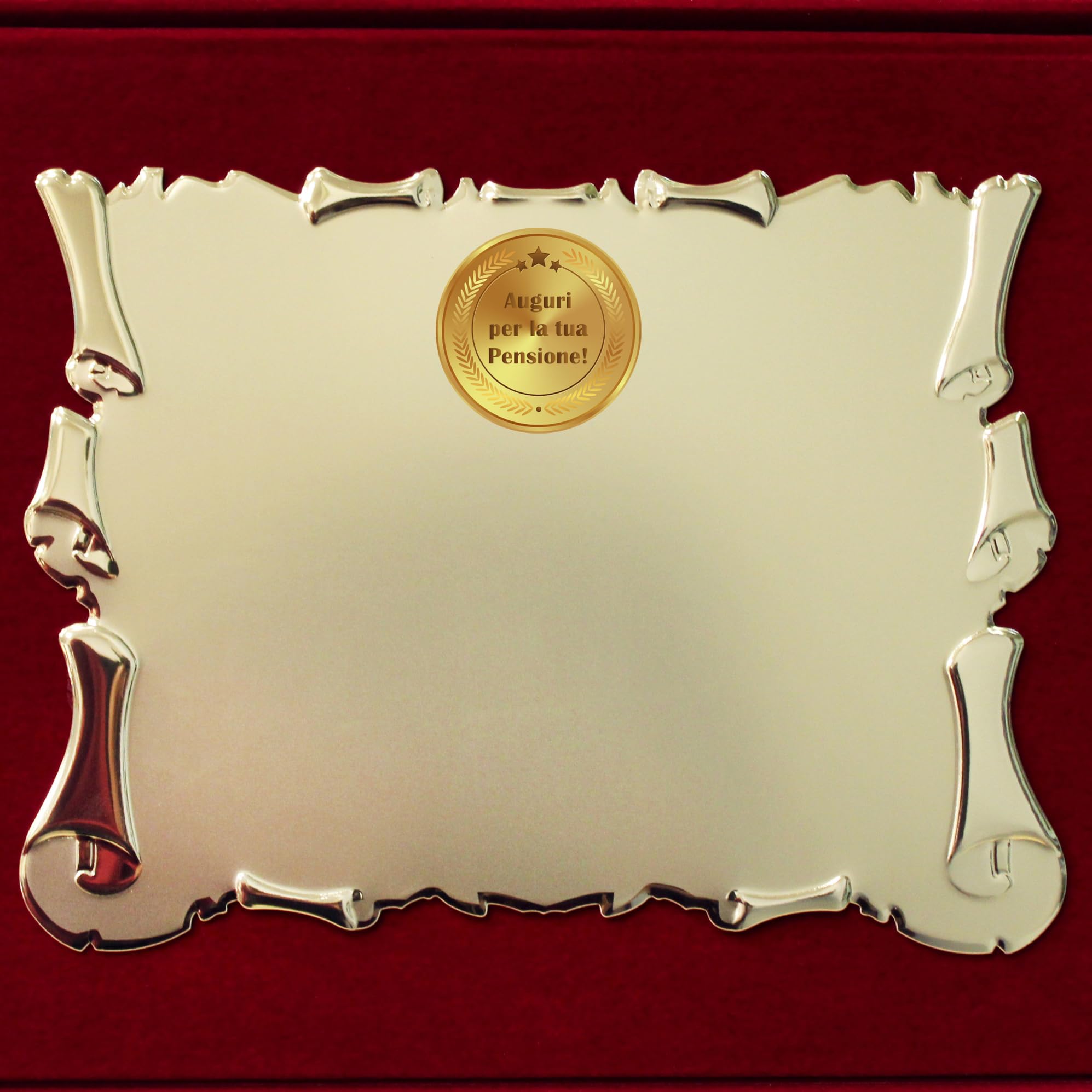 Targa Pensione | Cofanetto con Pergamena | congratulazioni per Pensione | Regalo Pensione Velluto Rosso con Targa