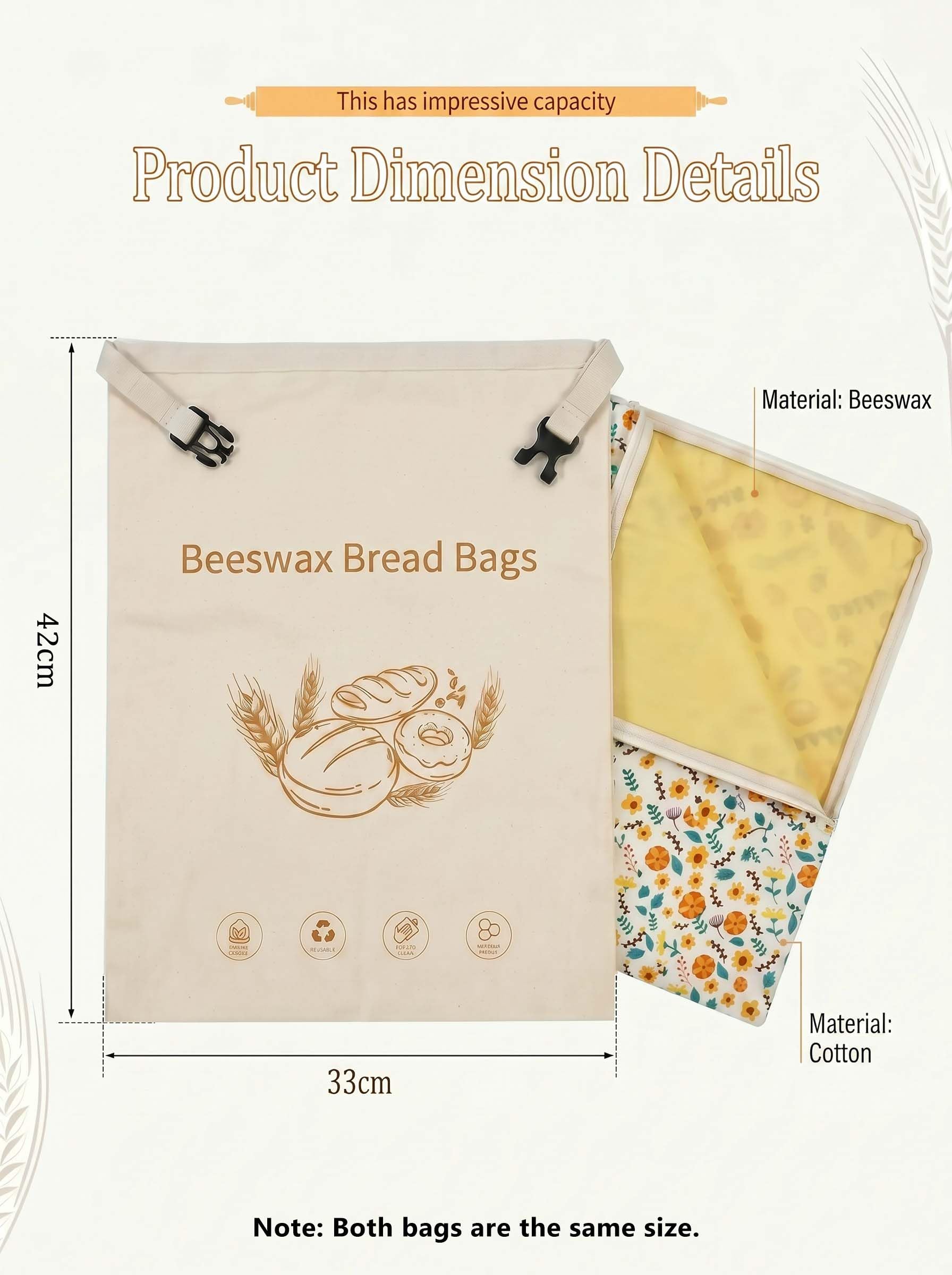 2 Sacchetti per il pane di cera d'api, 43×33 cm sacchetti di cotone rivestiti in cera d'api naturale, Riutilizzabili e per la conservazione di lievito e pane fatto in casa
