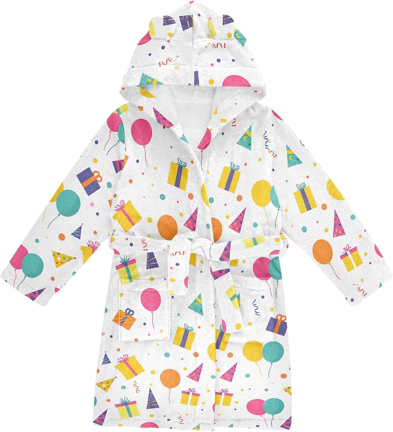 Gift Box Balloon Pattern Toddler Hooded Bathrobe for Boys Girls Soft Plush Bath Towel Robe 2-12 Years