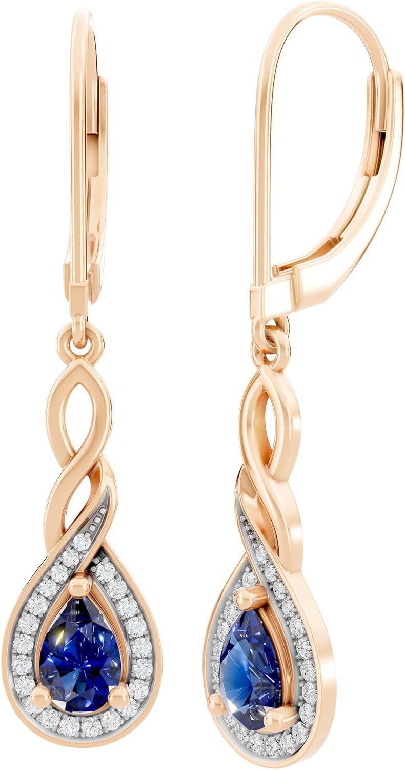Dazzlingrock Collection 6x4mm Each Pear Lab Created Gemstone & Round White Natural Diamond Swirl Halo Teardrop Lever Back Dangling Drop Earrings for Her in Real Solid Gold