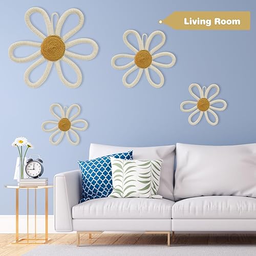 Miniatura 5 de 6 piezas de decoración de pared bohemia con margaritas, flores tejidas para colgar en la pared, decoración floral bohemia beige con cordón para