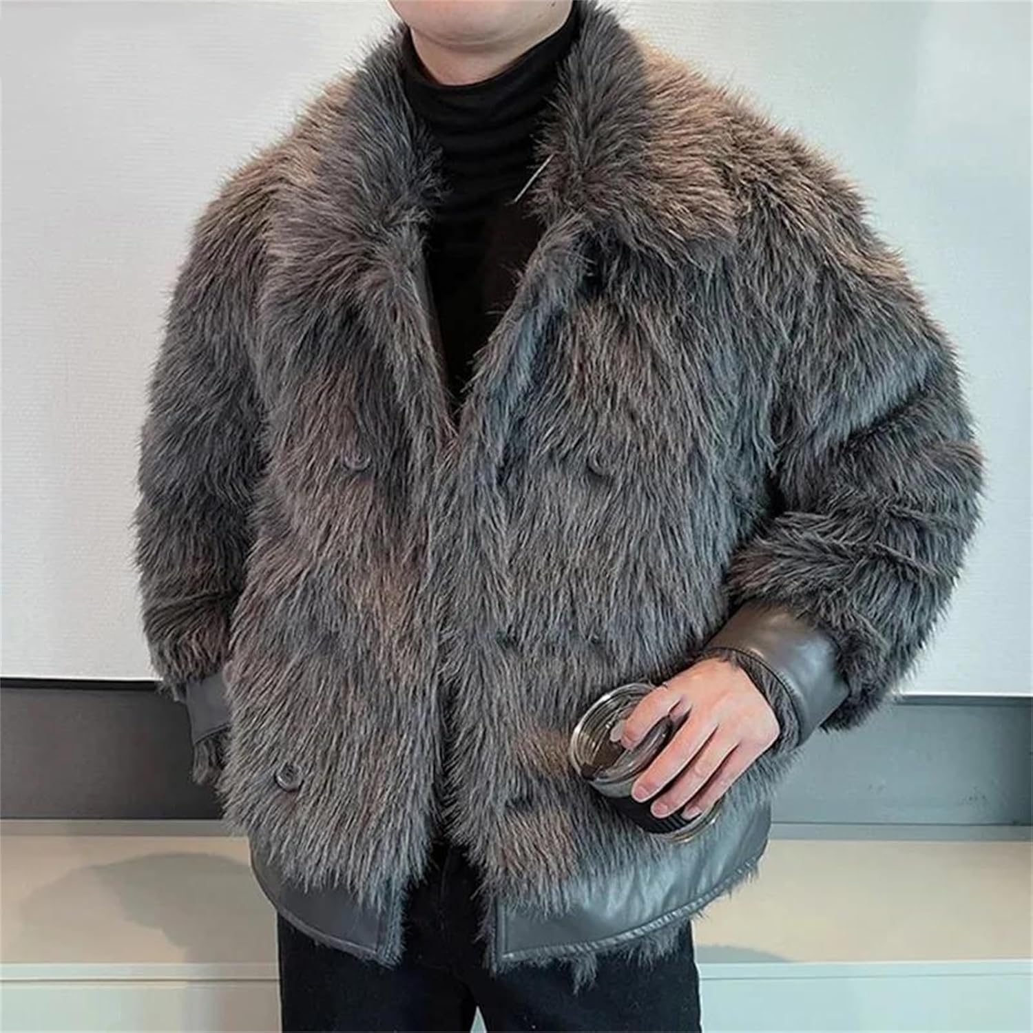 Alloaone Men's Lapel Faux Fur Jackets PU Leather Thickened Short Coats