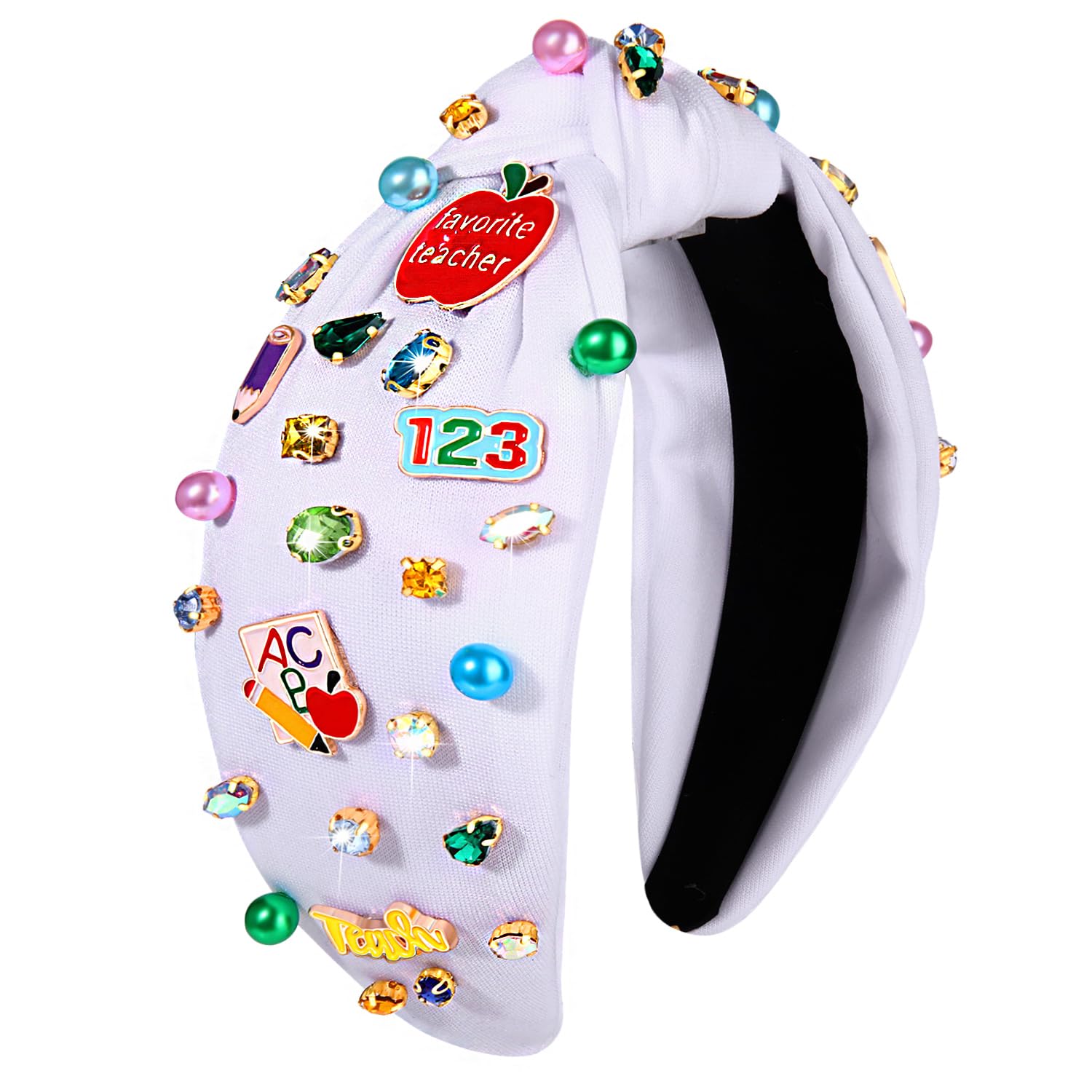NVENF Teacher Headband for Women Teacher Accessories Crystal Pearl Knotted Headband Rhinestone Beaded Embellished Top Knot Hairband Back To School Outfits Teacher Appreciation Gifts (Style G)