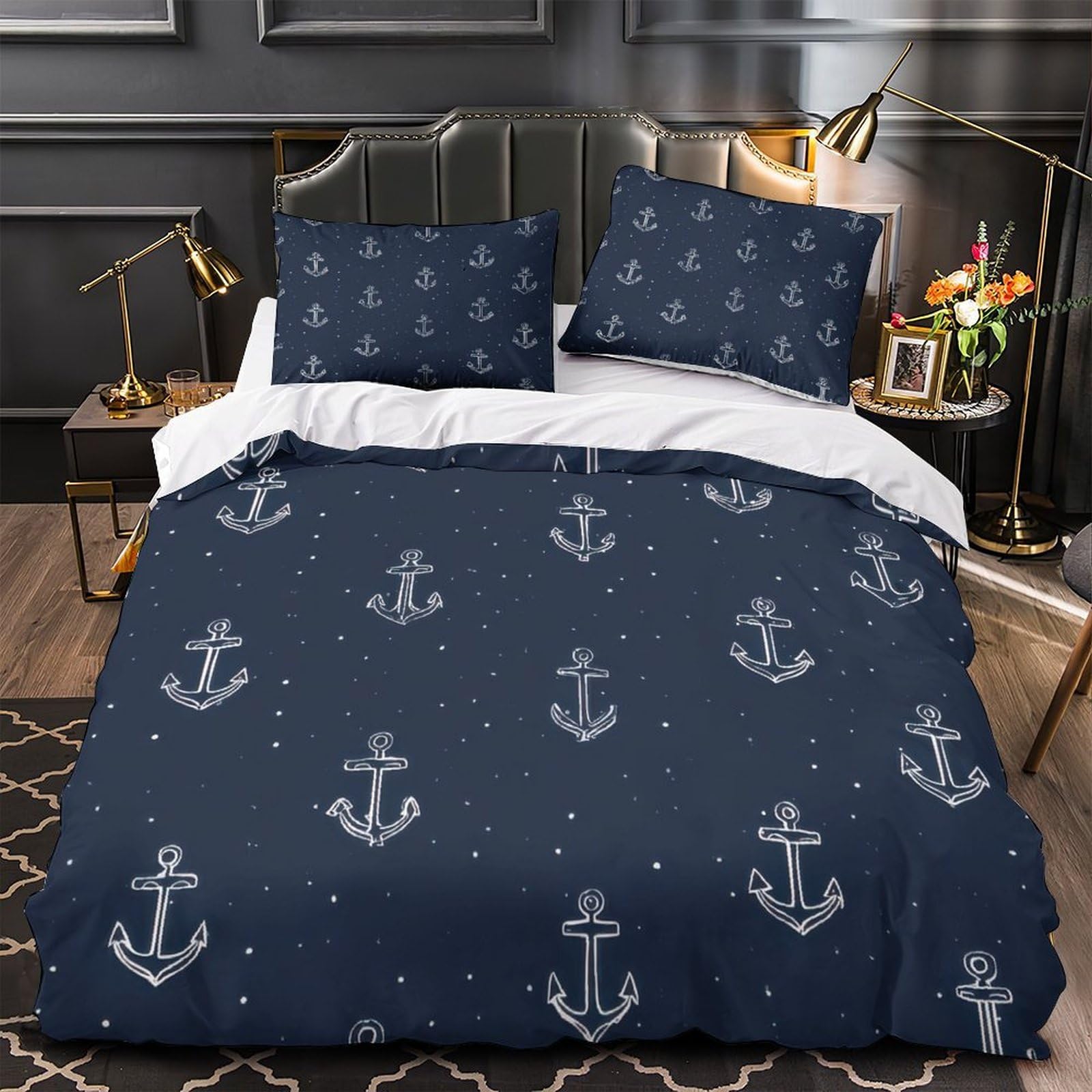 Housse de couette ancres nautiques anti-acarien en microfibre douce et légère
