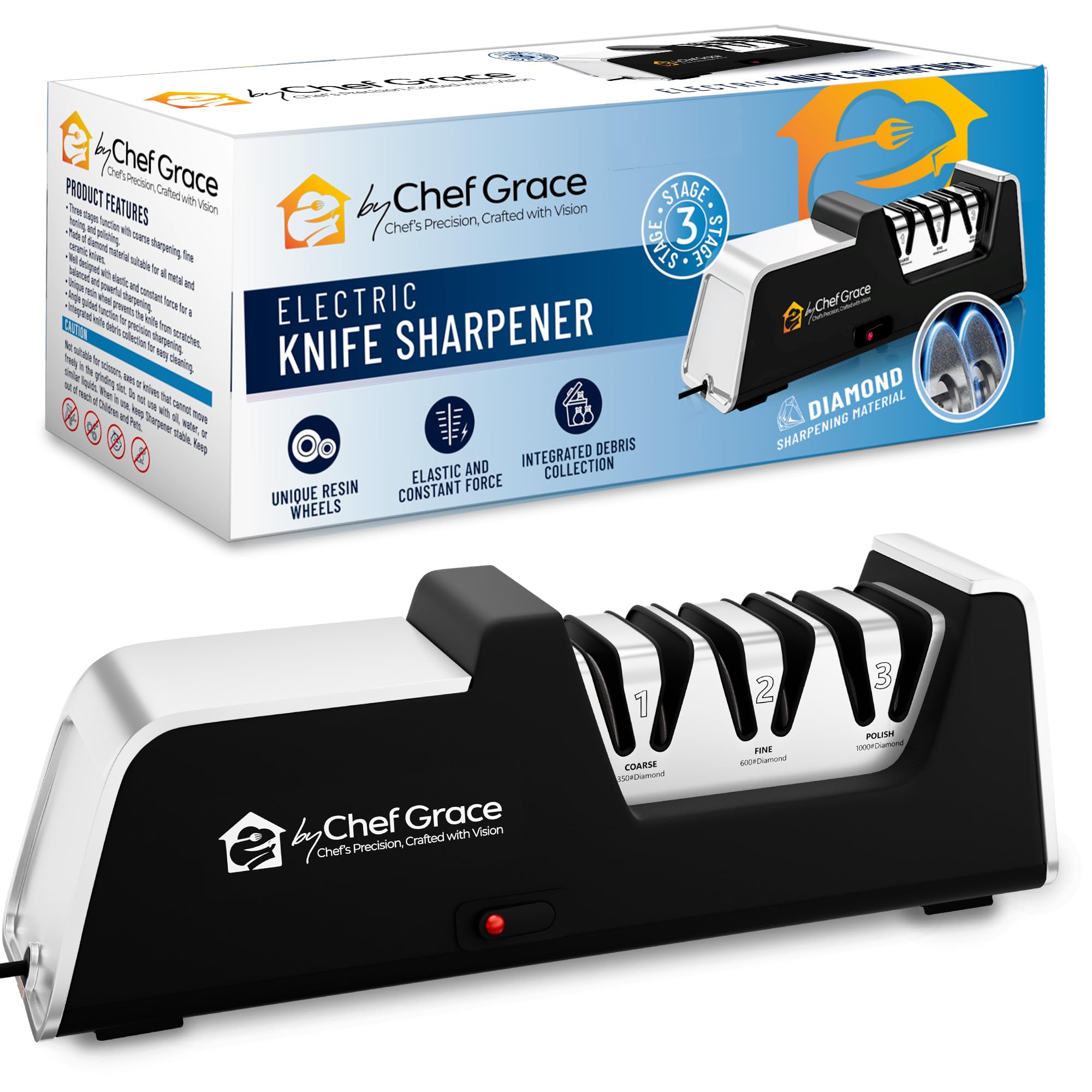 Three Stage Diamond Electric Knife Sharpener with 100% Diamond Abrasives. 15° Precision Angle Guides with 350 Grit, 600 Grit and 1000 grit for a Professional Sharpening and polishing