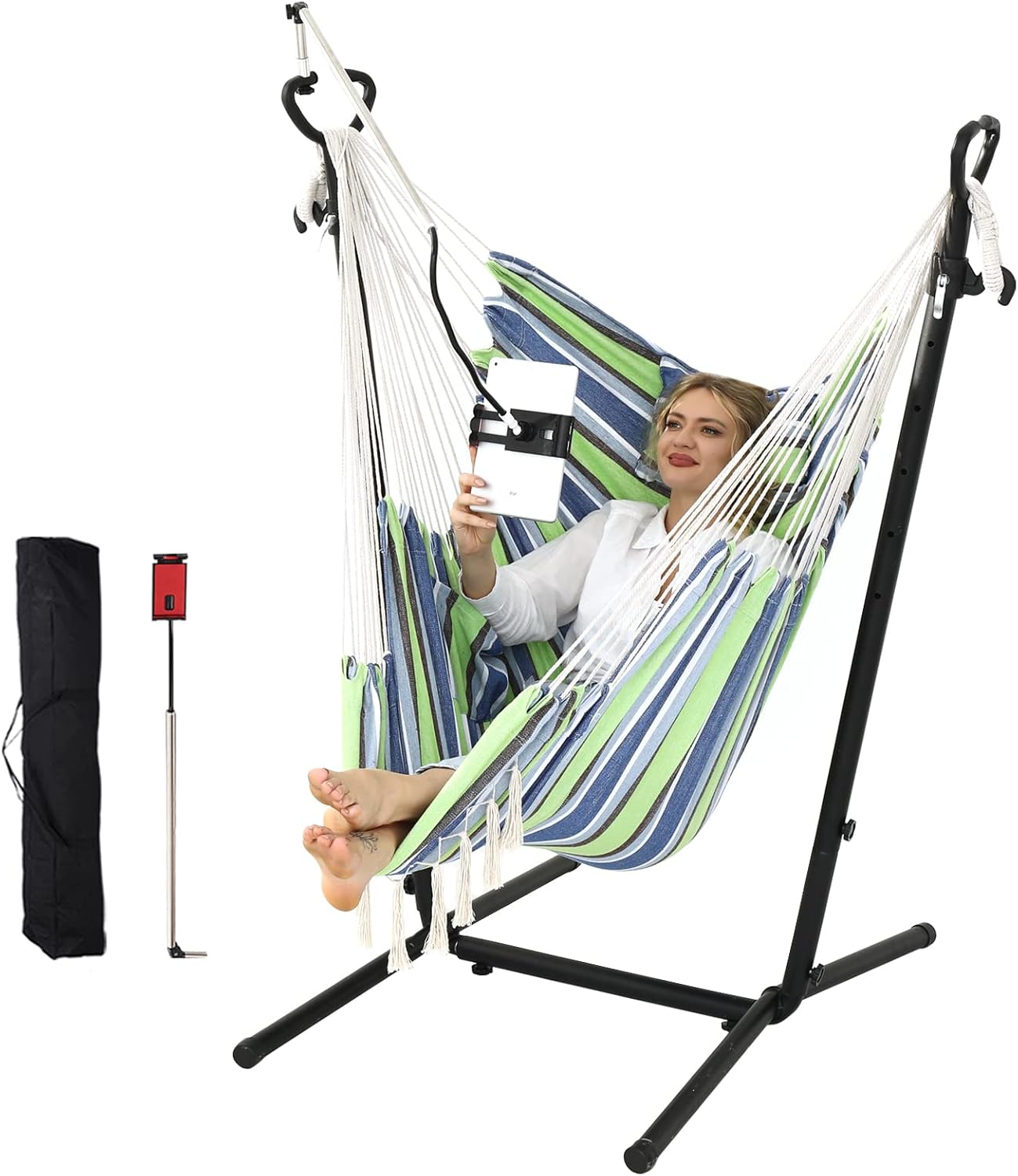 Hammock Chair with Stand Double Hammock Chair Bohemian Style with Tassel Mobile Phone Support Manual Adjustable Swing Indoor and Outdoor Garden Porch with Floor mat Reclining Capacity 400 pounds Apple Green
