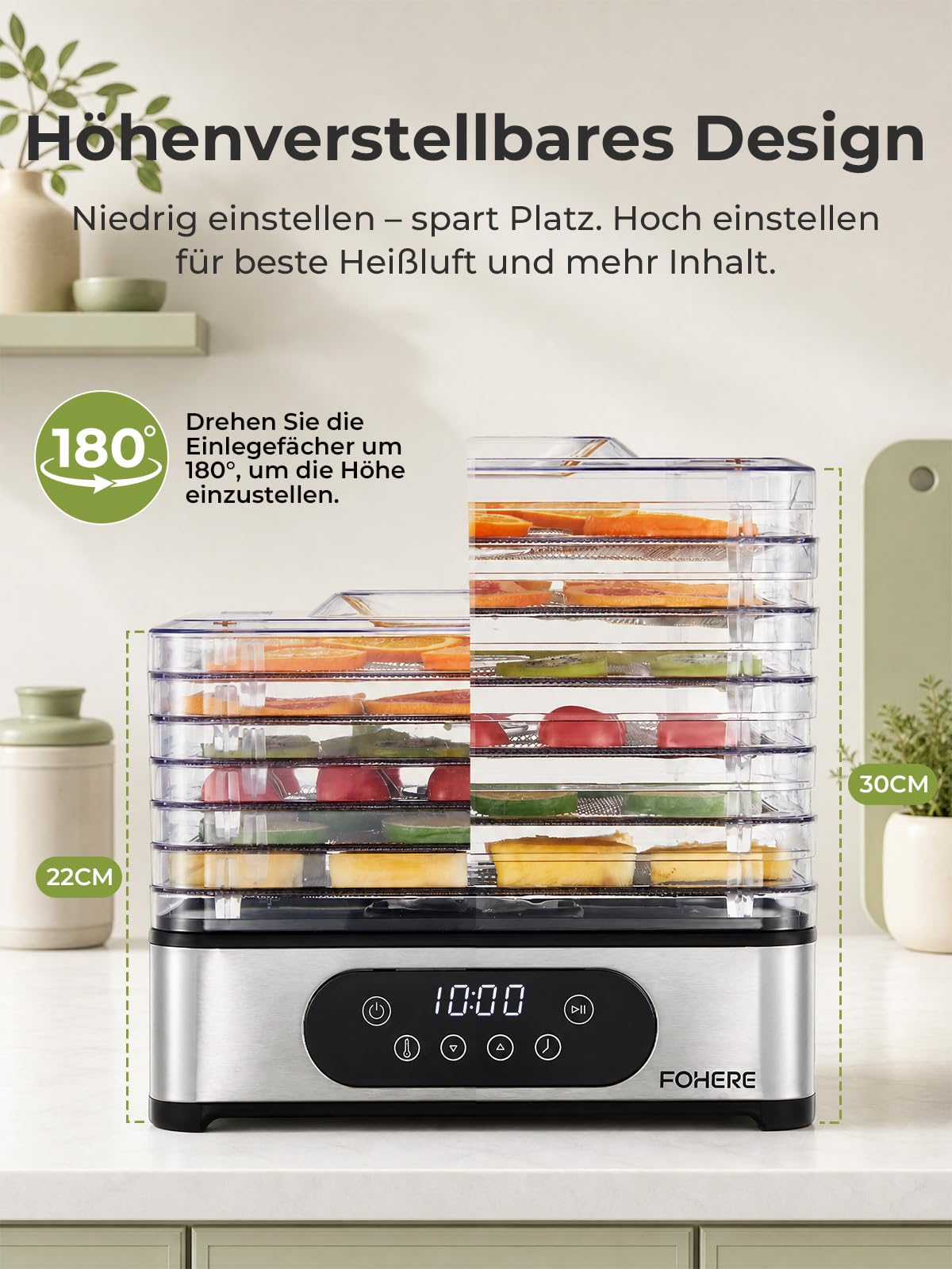 FOHERE Dörrautomat Edelstahl, Dörrgerät mit 6 Einlegefächern, bis 48H-Timer