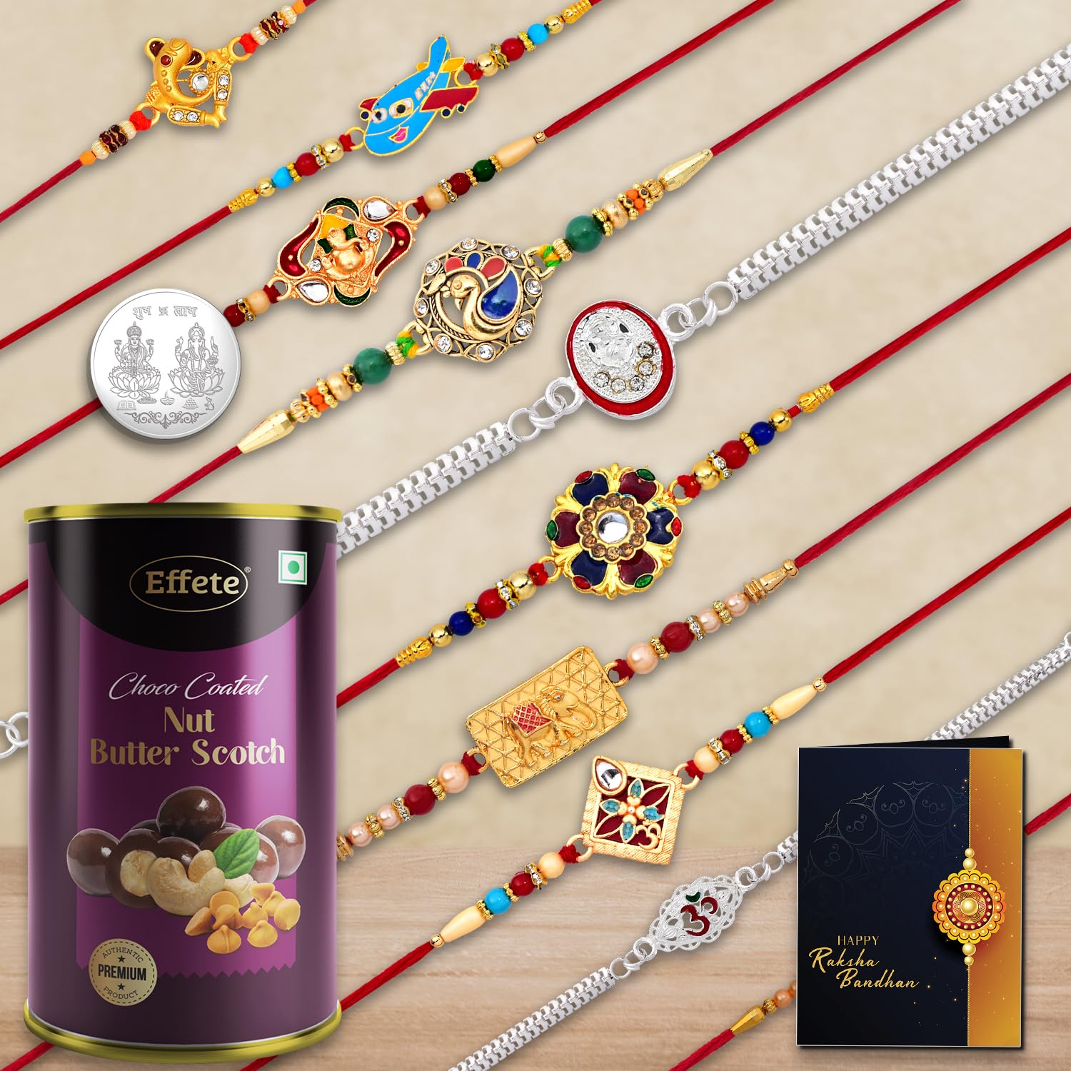 DeoDap Multicolor Bracelet/ Rakhi (K10_MC8_BS) & Effete Chocolate Butter Scotch with Silver Color Pooja Coin, Roli Chawal & Greeting Card | Occasion | Rakhi Combo with card and chocolate | chocolates gift | Rakhi & Chocolate for brother | rakhi with gift | Set of 10 Rakhi-picture-10