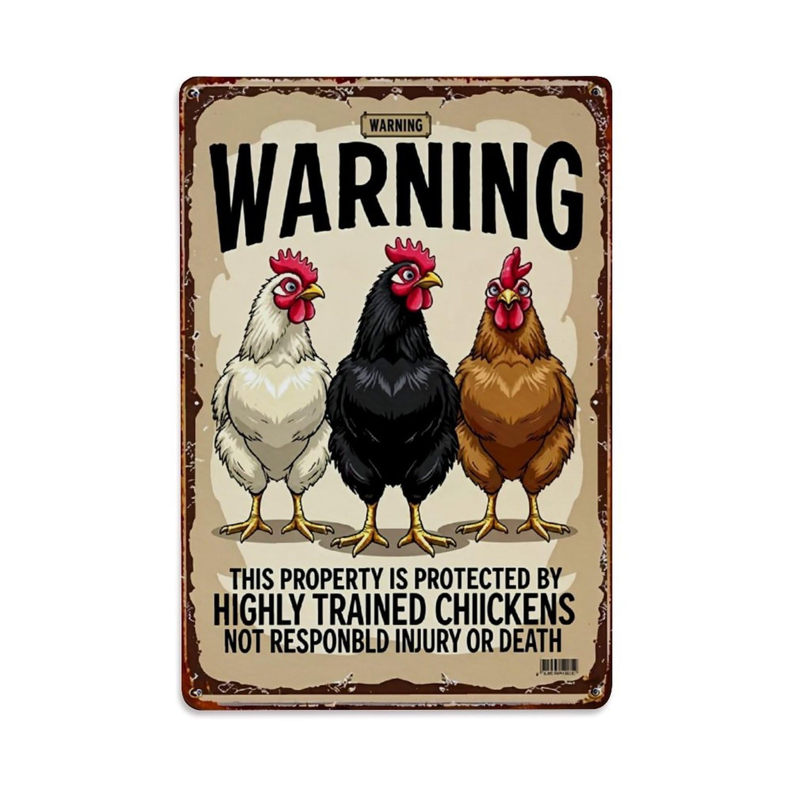 Jdfenggu Vintage Warning Three Trained Chickens Sign Retro Metal Tin Sign, Metal Poster For Bar, Home, Man Cave, Kitchen, Laundry Room Art Decor 8X12 Inch