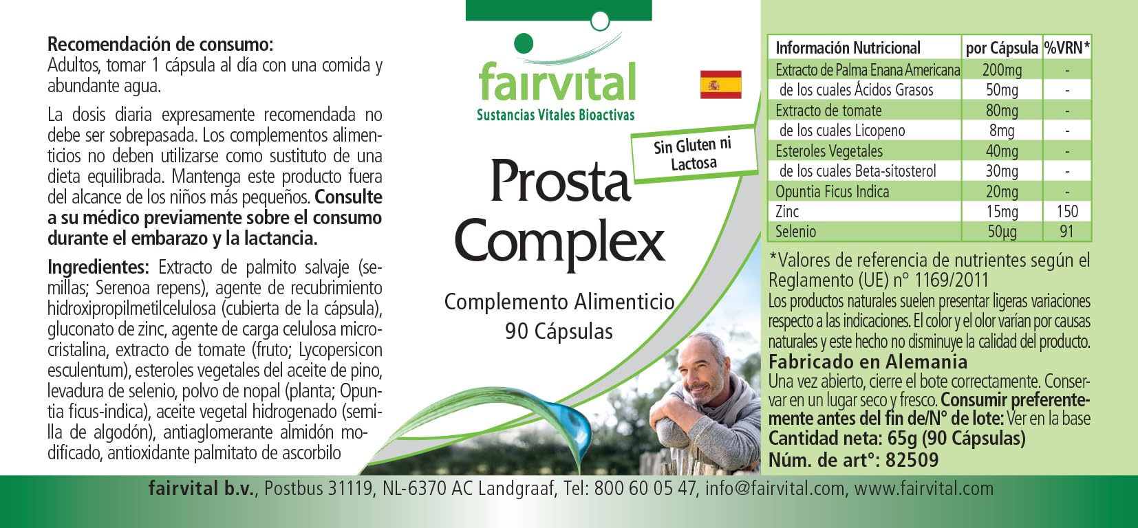 fairvital Prosta Komplex, VEGANO, ALTO DOSAGGIO, 90 capsule, con selenio, zinco, palma nana, licopene, beta-sitosterolo e opuntia