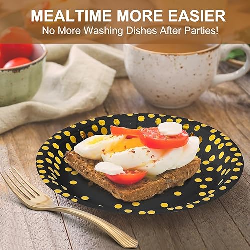 Miniatura 4 de Juego de platos y tenedores de papel negro y dorado, 25 platos de postre desechables de 7 pulgadas y 25 tenedores de plástico de 7.3 pulgadas,