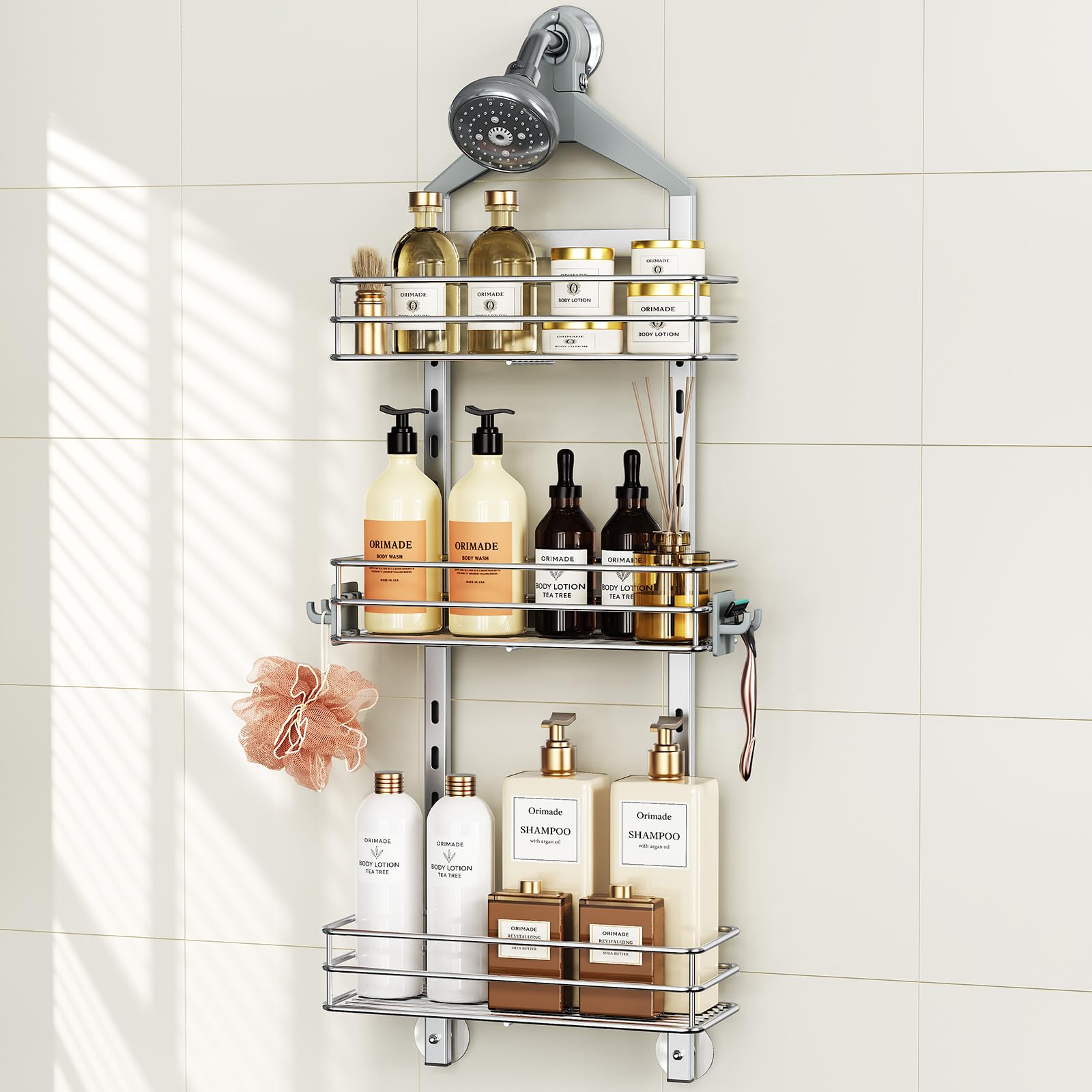 Étagère de douche en aluminium argenté Orimade rangement salle de bain suspendre 3 niveaux