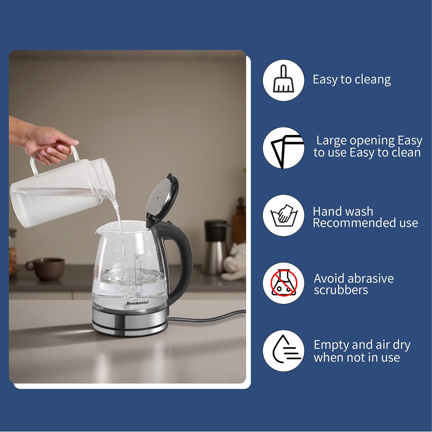 transparent glass electric kettle, fast boiling, 360 degree rotating bottom, cordless, automatically turn off the anti-boiling dry function, 1.8L capacity, 1000W, make tea, coffee