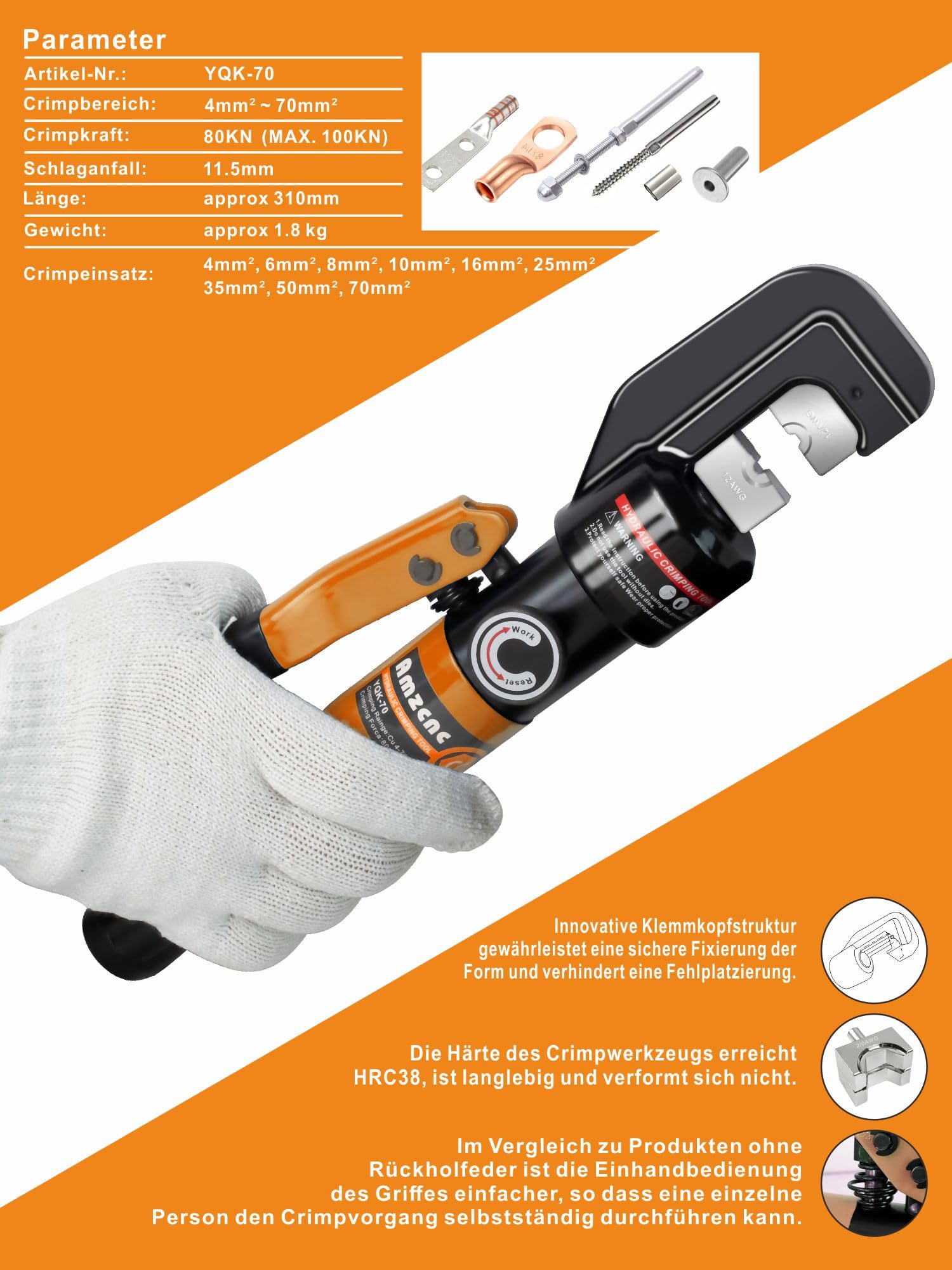 AMZCNC Pinza de engarce hidráulica 8 toneladas 4-70 mm² 9 pares matrices