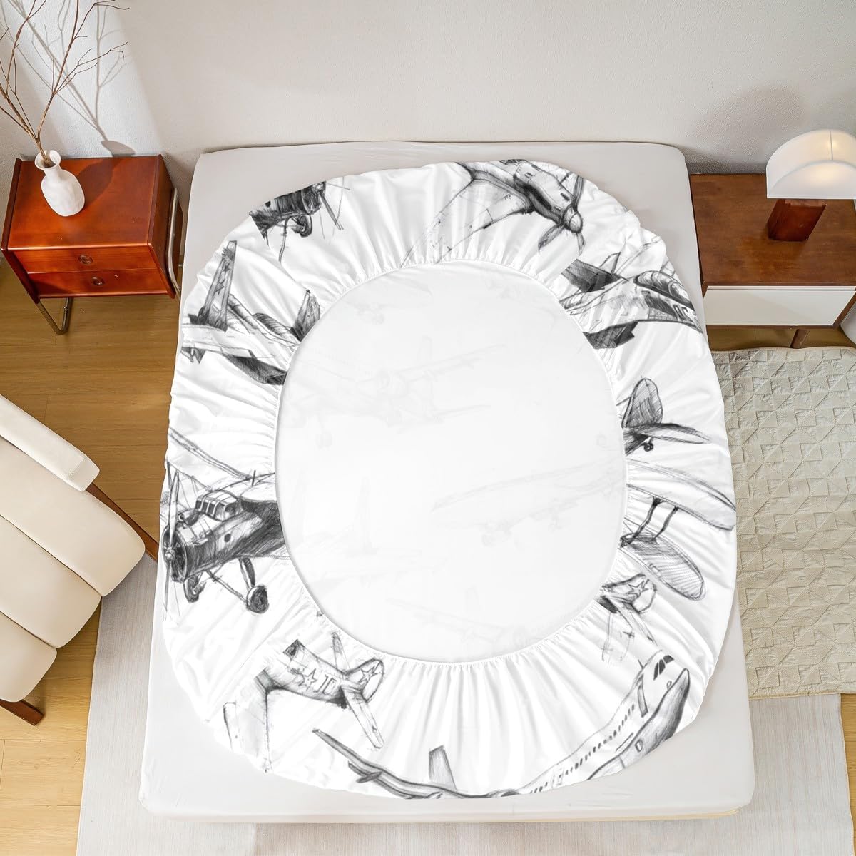 Airplane Kids Fitted Sheet Twin Size,American Aircraft Vintage Toddler Bedding Set,Girls Boys Adults Room Decor,Air Vehicles Air Plane Bed Cover,Black White Bed Sheet,1 Pillowcase - Image 6