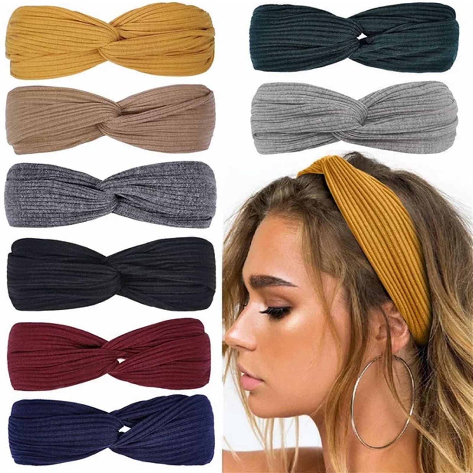Confezione da 8 cerchietti per capelli da donna, con nodo, bohémien, elastici, per ragazze, turbante, tinta unita, per yoga, allenamento, vintage, accessori per capelli annodati per donne (N, taglia
