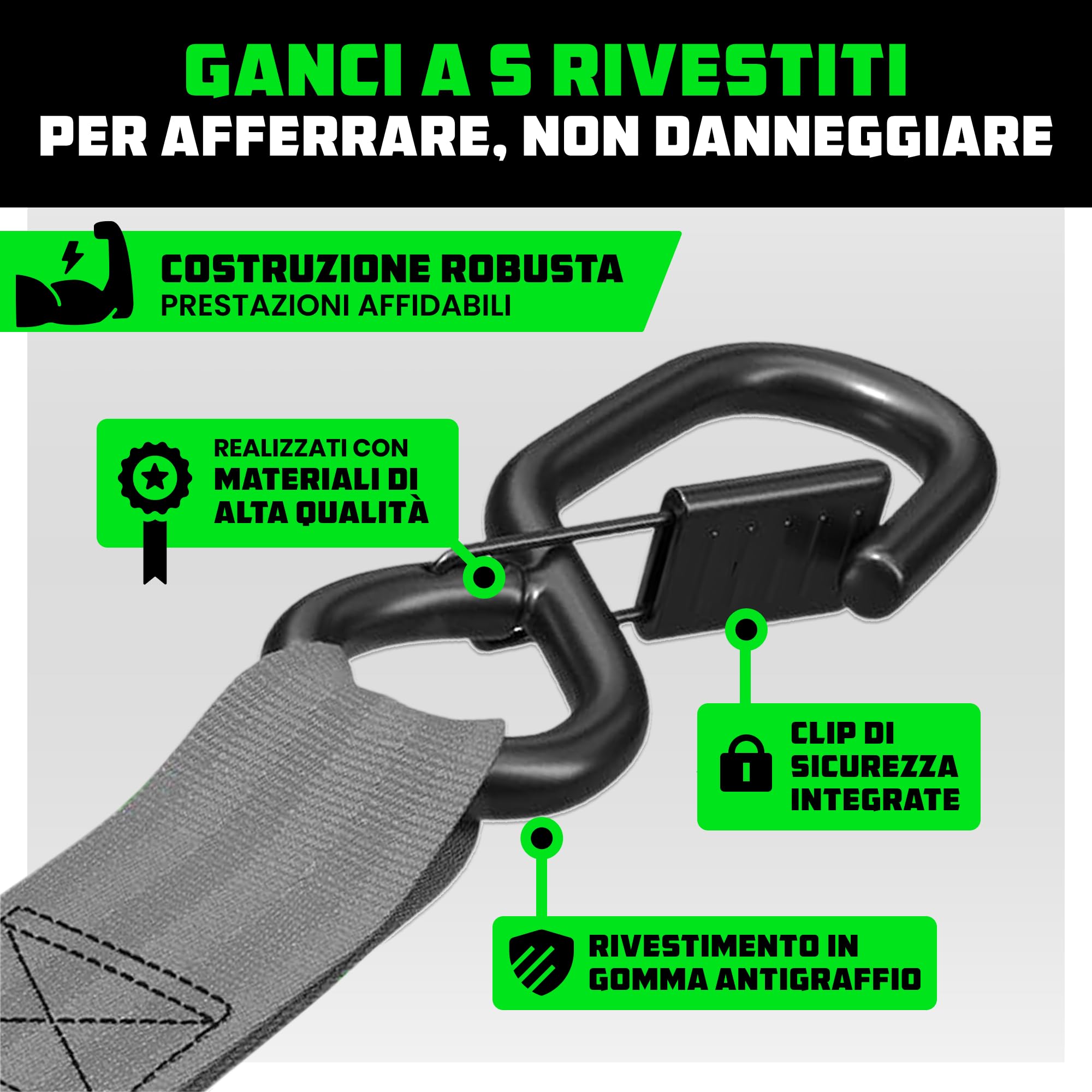 Rhino USA Cinghie a Cricchetto 2000kg, 4cm x 2.4m - Cinghie di Fissaggio Carico - 4 Pz - Cinghie per Trasloco e Trasporto - Cinghia a Cricchetto - con Manici e Ganci a S in Cromo Rivestito - Grigio