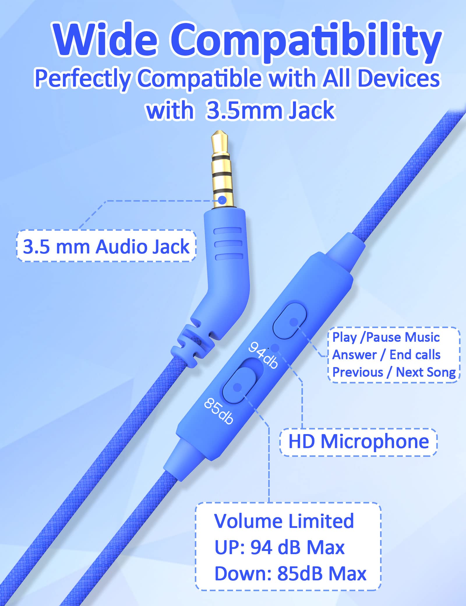 K3 Auriculares Niños con Cable, Auriculares Infantiles Limitación de Volumen de 85dB/94dB, Conector de 3,5 MM, Sonido Estéreo, Plegable Musica Cascos Niña (Azul)