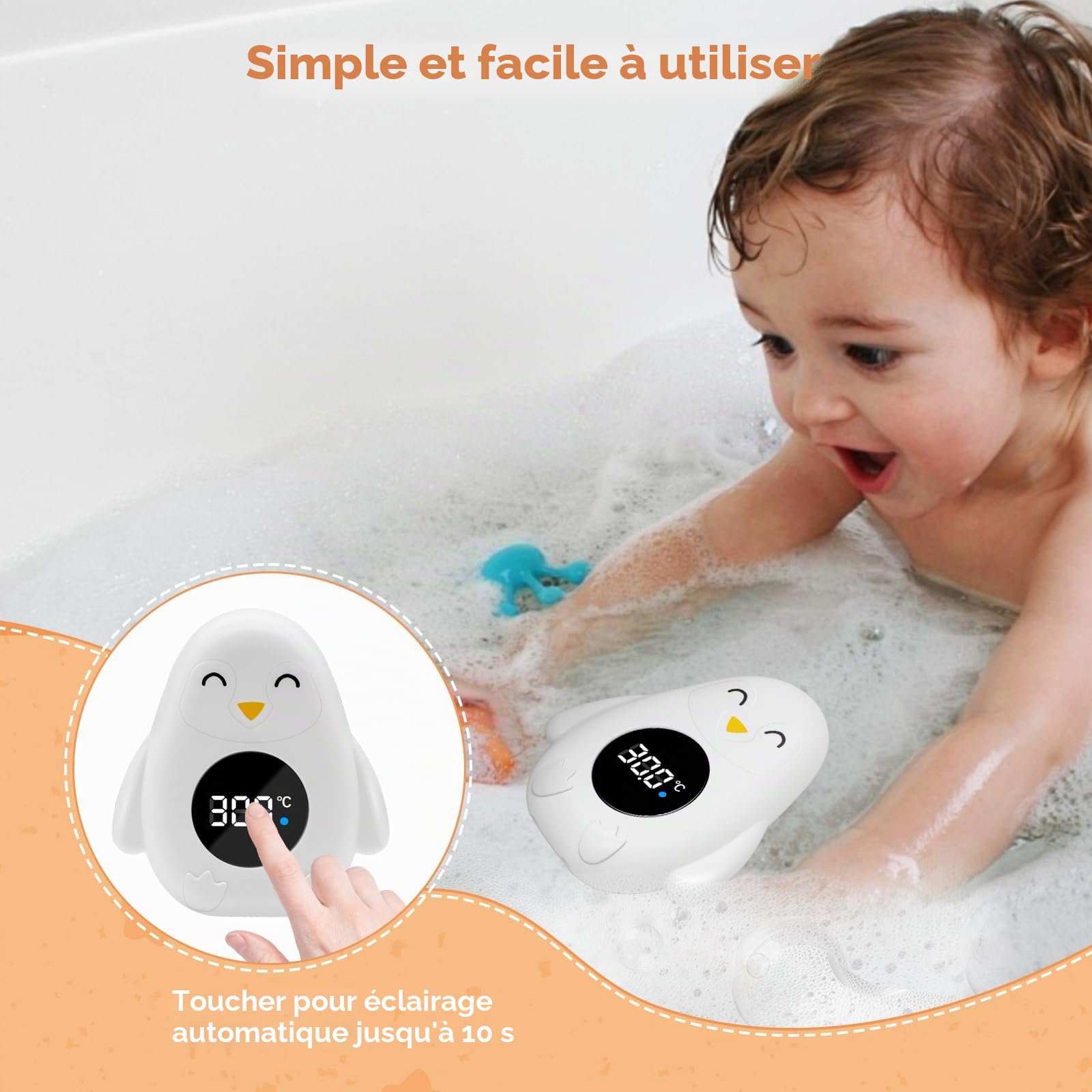 Thermomètre numérique de bain pour bébé - Voyant LED d’avertissement et alarme de température - Sécurité étanche Idéal pour nouveau-nés et tout-petits