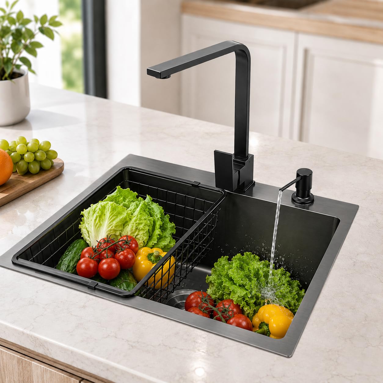 Lavello da incasso in acciaio inox, 40 x 45 cm, colore nero, rubinetto da cucina, orientabile a 360° (lavello + rubinetto + dispenser per sapone, nero) (con rubinetto)