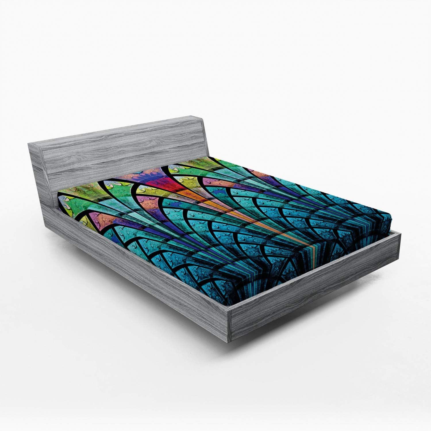 Ambesonne Abstract Fitted Sheet, Curves Pattern with Weathered Colors and Blue Ombre Detail Graphic Floral Motifs, Bed Cover with All-Round Elastic Deep Pocket for Comfort, Queen Size, Multicolor