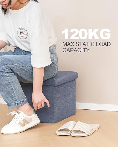 Miniatura 5 de B FSOBEIIALEO Cubo otomano de almacenamiento, asiento de pie pequeño de lino, para sala de estar, dormitorio, oficina en casa, reposapiés de Azul