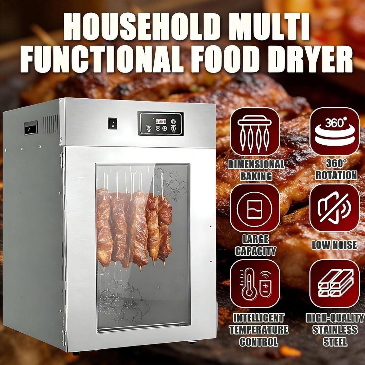 Domowa suszarka do żywności 800W, Obrotowa suszarka do mięsa 360°, Komora do dojrzewania mięsa, Maszynka do jerky wołowego, Szafka susząca, Regulacja 30-90°C, W zestawie 10 półek, 14 haków
