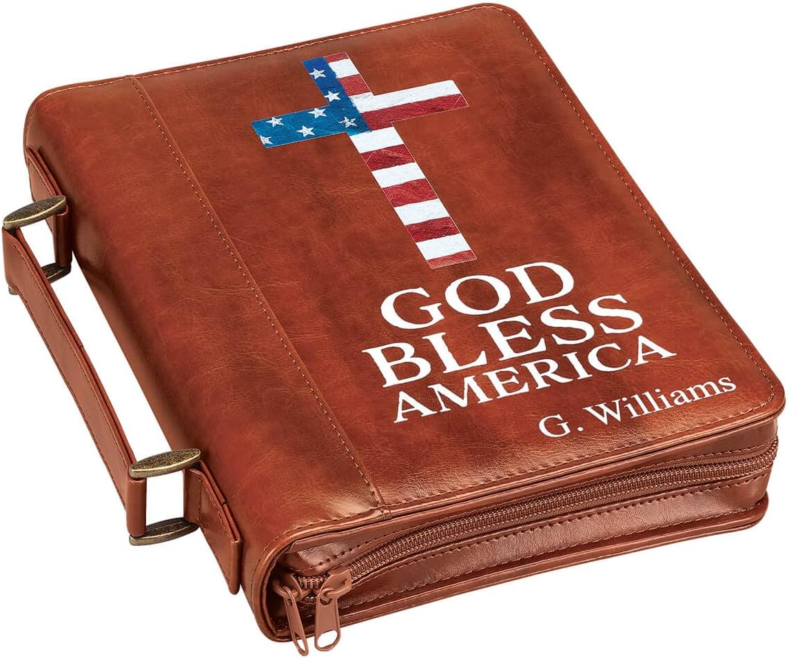 Custom Brown Bible Cover with Zipper, Custom Bible Case – God Bless America Design