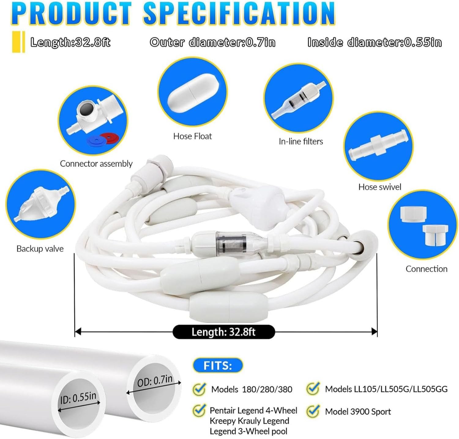 Pool Cleaner Feed Hose Replacement for Zodiac Polaris 280 380 180 Pool Cleaner Feed Hose Parts G5 Complete Feed Hose with D45(Not Compatible with polaris 360)