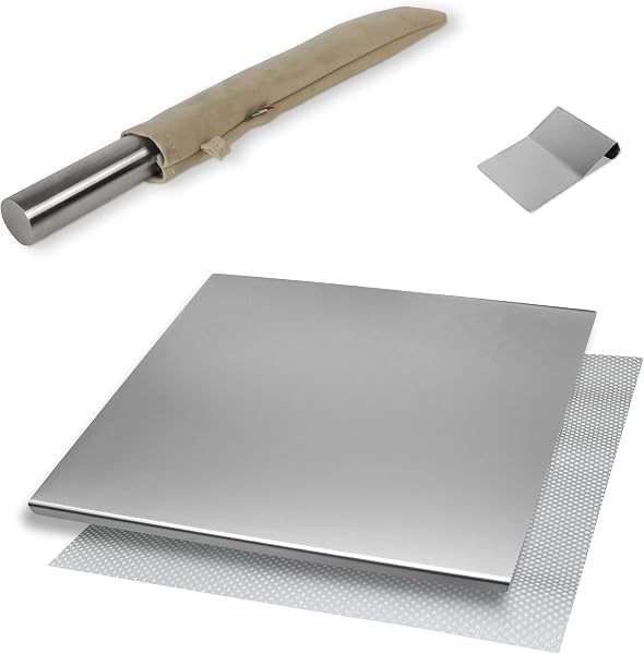 INOXLM Box of 3 Pieces Cutting Board/Pastry Board + Tarot Paddle / Spatula + Rolling Pin Fabric Case | Stainless Steel Worktop Various Sizes for Kitchen Bar Restaurant | Made in Italy Top (90 x 50 cm, - 1
