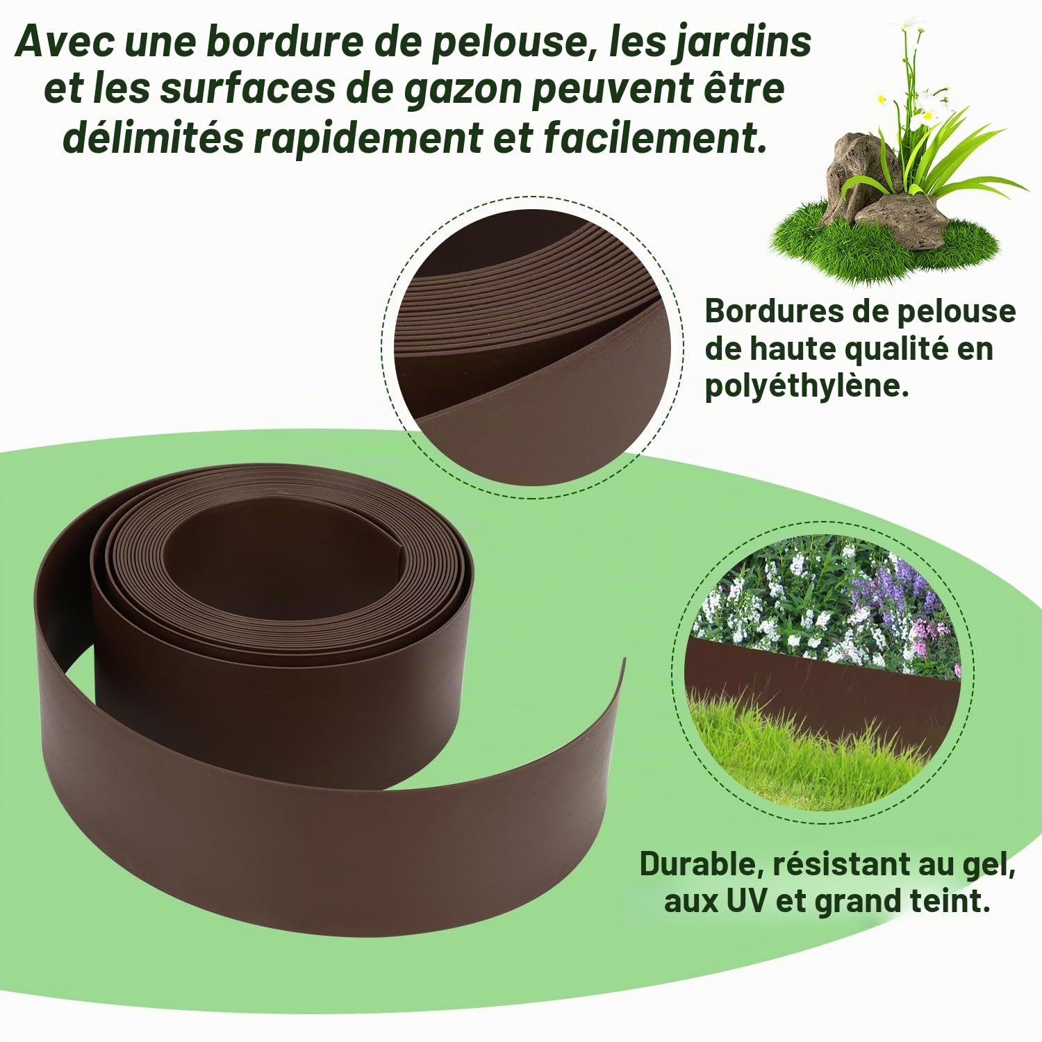 Randaco Bordure de jardin, marron, longueur : 25 m, hauteur : 14 cm, bord profilé, pour parterre, jardin, contre la propagation des racines, pour plus de beauté dans le jardin