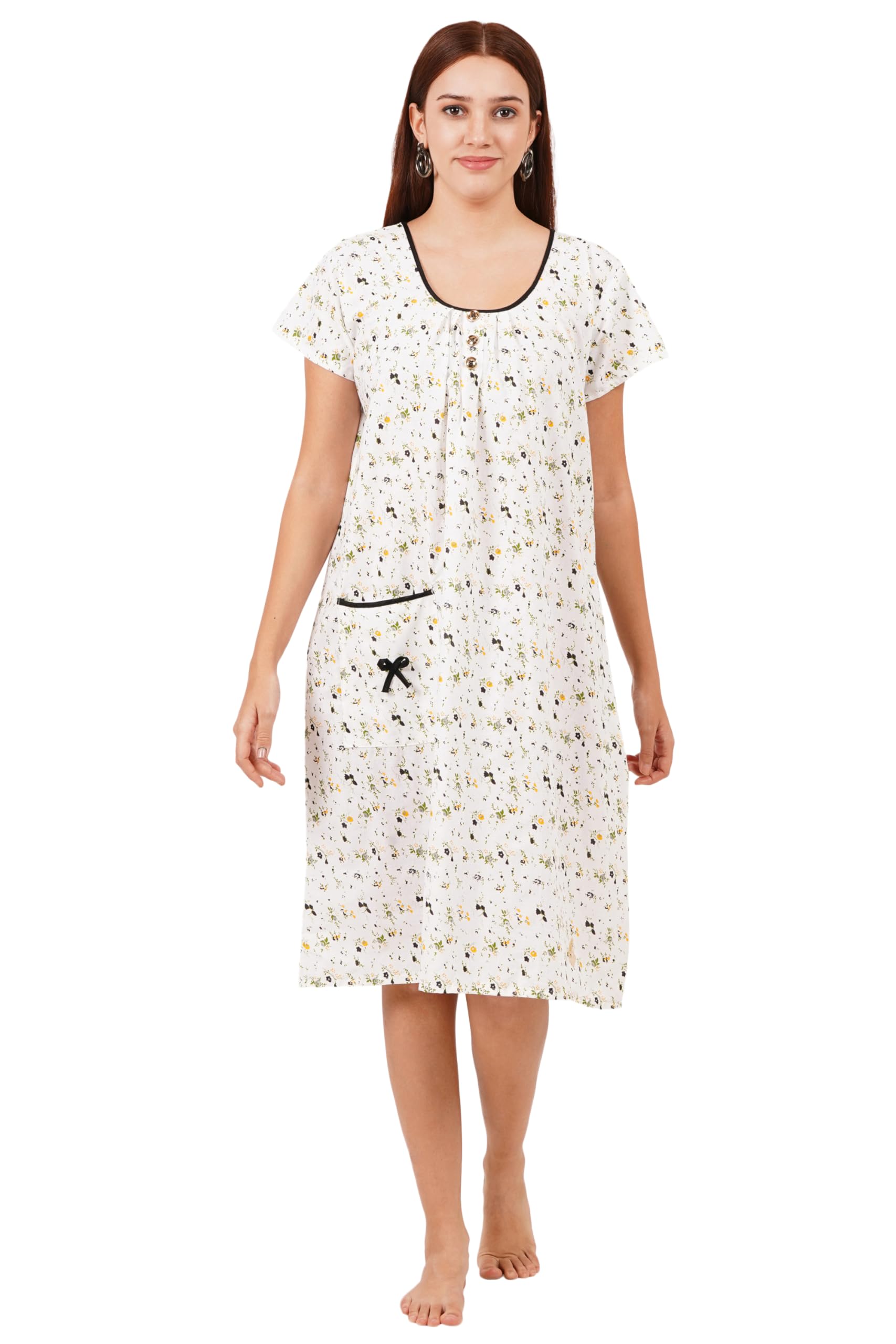 Woman's Long Short Calf Length Pure Cotton Nighty White-image-19