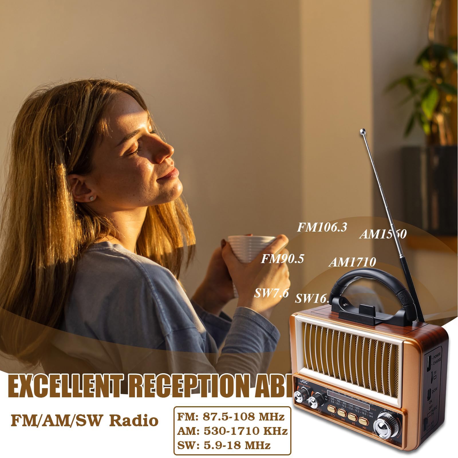 PORFOYO AM/FM/SW Retro Radio mit Bluetooth, Küchenradio Nostalgie Radio Klein, Kofferradio Transistorradio Mit Solarpanel, Vintage Radios Büro Handyständer, Unterstützt USB/TF/AUX Funktion