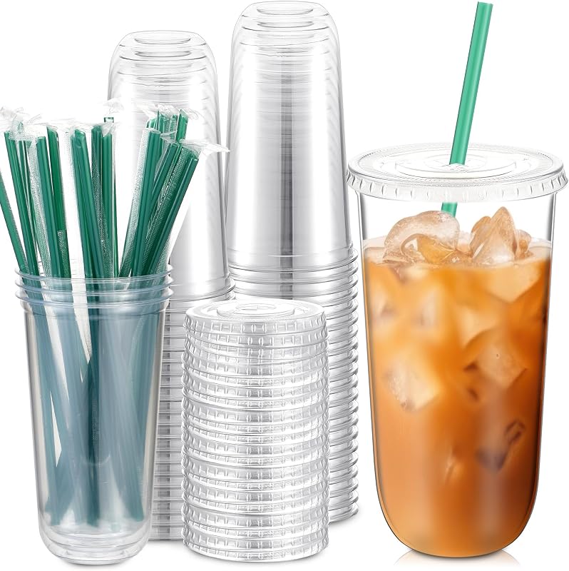 Baderke 25 Set Disposable Iced Plastic Cups with Lids Straws,Clear,20 Oz | Cold Cups, Cold Beverage Juice Smoothie Drinks, Coffee Shop Office Catering Party