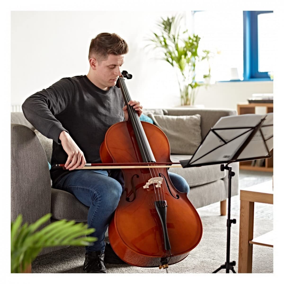 Gear4music Full Size Conjunto de violonchelo 4/4 con arco de resina y estuche - Kit para principiantes con acabado en barniz antiguo