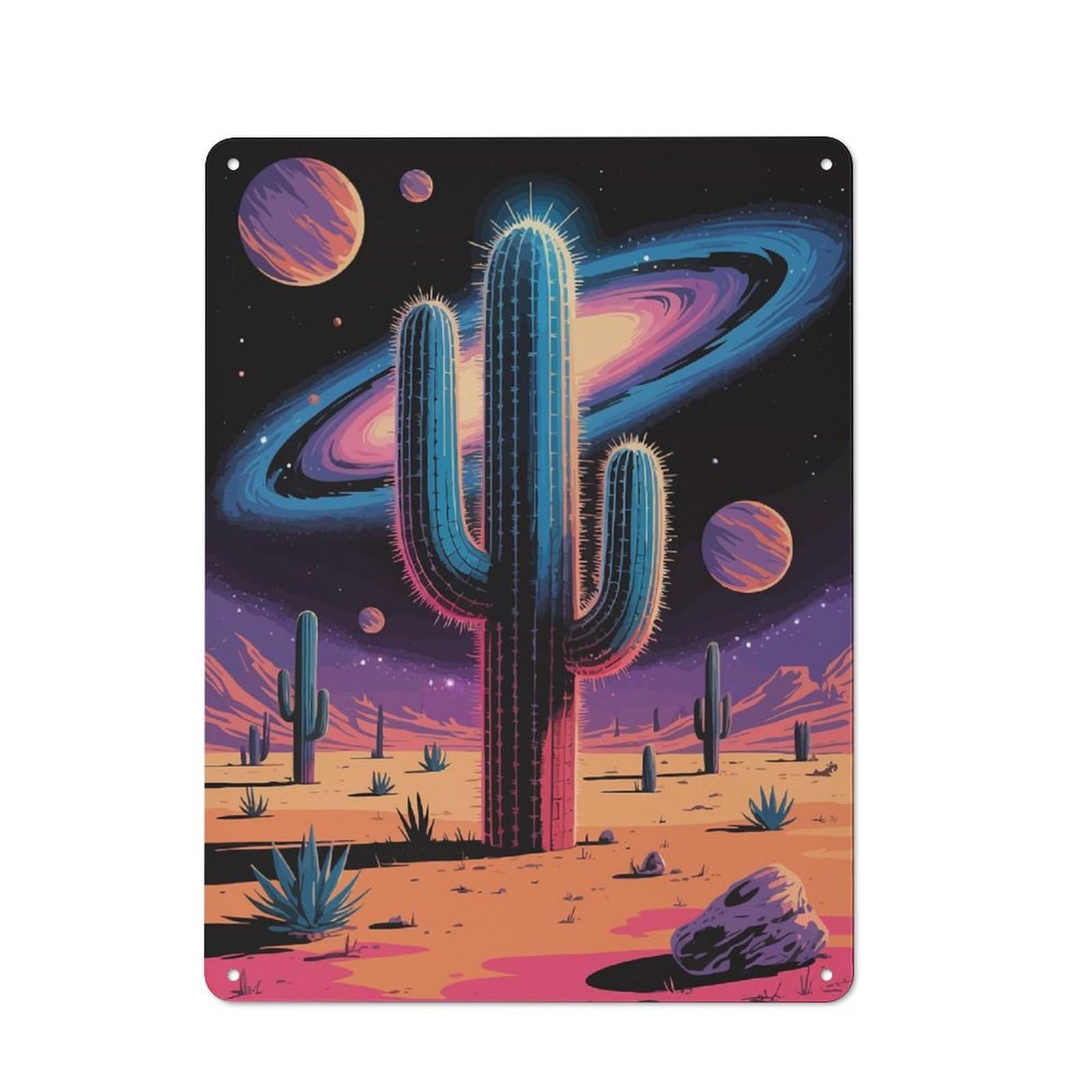 Junmoney Cactus Desert Galaxy Digital Art Tin Wall Plaque 40X30cm With For Garage Or Workshop, For An Autumn Wall Display In Garage And Workshop