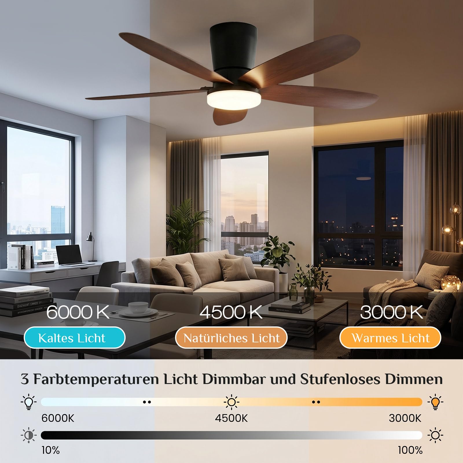Deckenventilator mit Beleuchtung & Fernbedienung, App-Steuerung 107 cm Deckenventilator Leise mit DC Motor, Dimmbare LED in 3 Farben, 6 Geschwindigkeiten, Reversibel für Schlafzimmer & Wohnzimmer