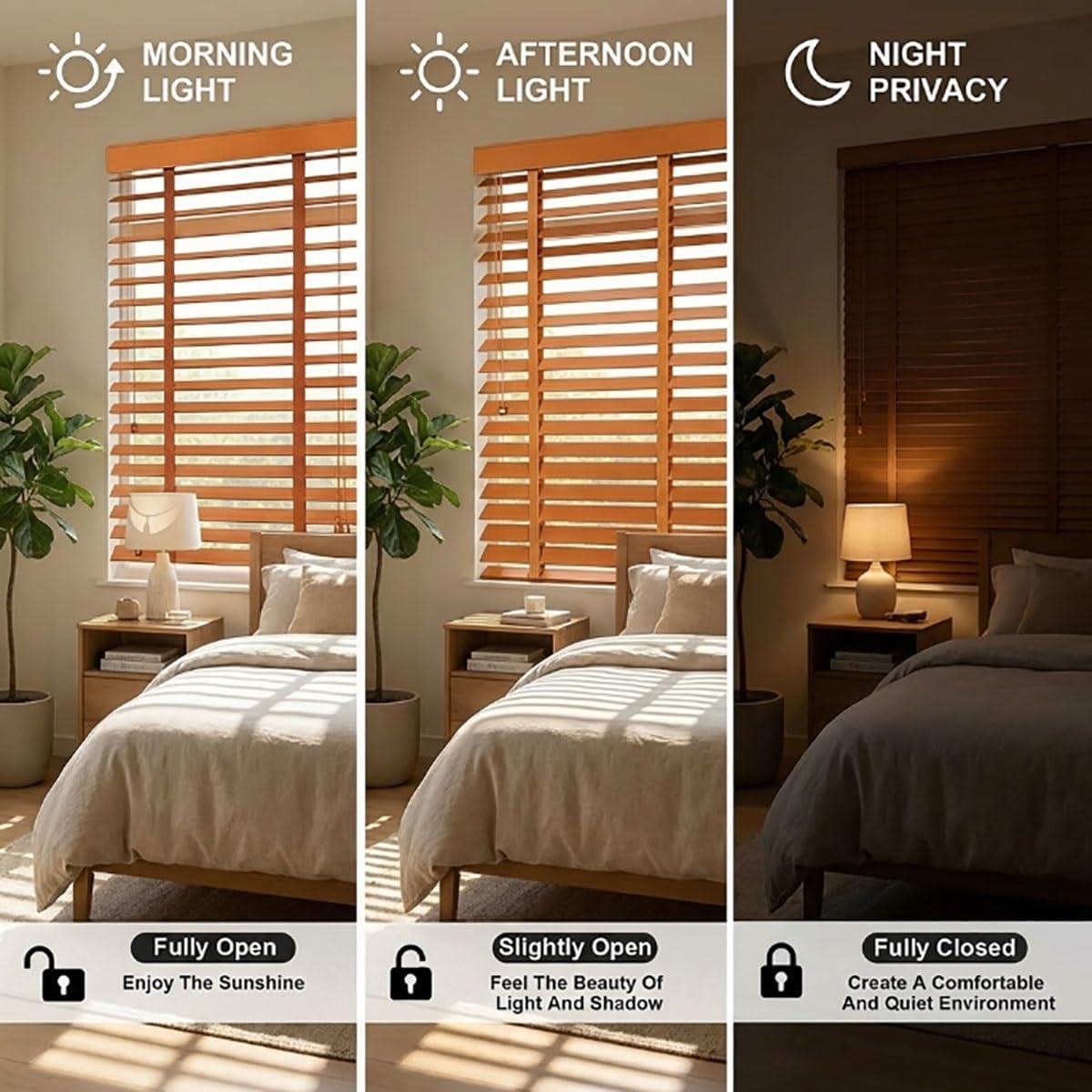 2'' Slats Wood Blinds for Indoor Windows, Blackout Wooden Window Blinds, 34" 35" 38" 46" 48" 52" 60" 72" Cordless Horizontal Venetian Blind & Shades for Bedroom, Bathroom, Office(Black,35" Wx60 H)