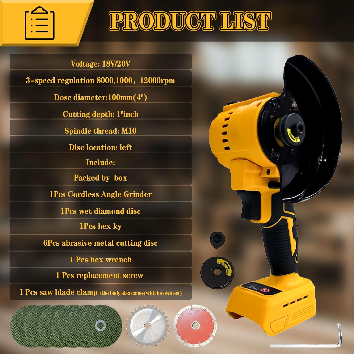 Cordless Angle Grinder Compatible with De-walt 20V MAX Battery, 100 mm Forward/Backward Brushless Battery Cutting Grinder with Sanding Discs and Saw Blades (10Pcs Set)