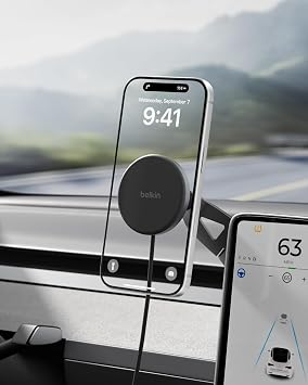 Belkin Qi2 15W Magnetic Wireless Mount for Tesla, Fast Charging Car Charger | MagSafe Compatible, iPhone 15/16/17, Samsung Galaxy S26, AirPods, iPads, MacBook, Chromebook, Car Phone Charger