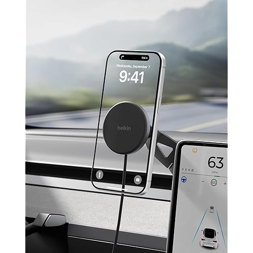 Belkin Wireless Car Charger, Magnetic Wireless Phone Mount for EV w/ 1M USB C Cable, Qi2 MagSafe Compatible Fast Charging for iPhone 17, Galaxy S25, Pixel 10, & More - Travel Accessories - Black